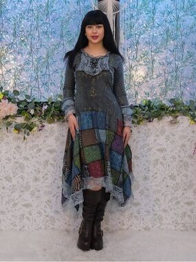 Boho Patchwork Midi Dress in Slate Blue with Multicolor Panels